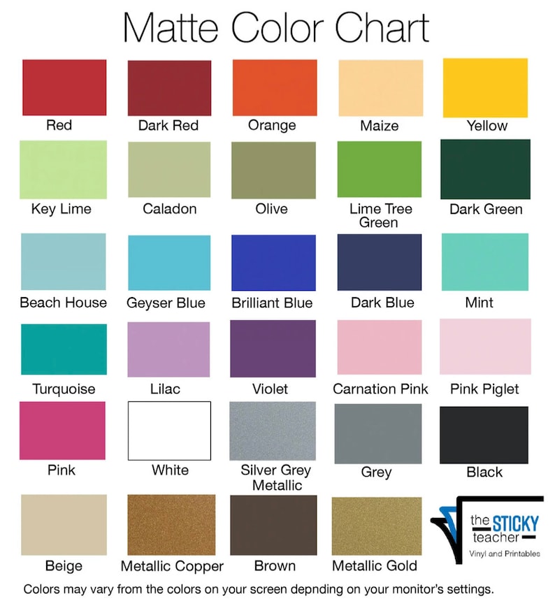 Matte vinyl color chart with 25 colors from The Sticky Teacher