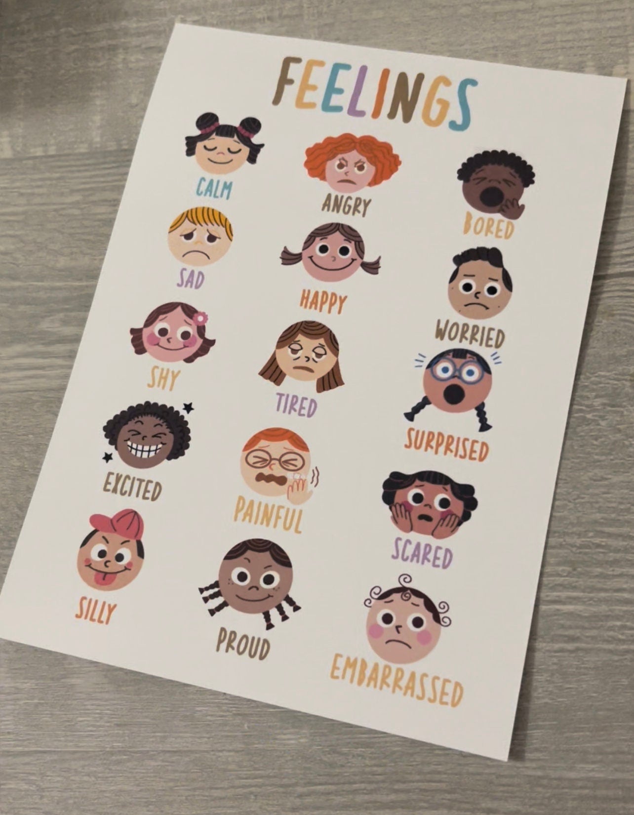 PRINTED and SHIPPED Feelings Chart Rainbow White Background, Montessori Homeschool Decor, Emotions Print, Wall Art Rainbow Classroom Decor