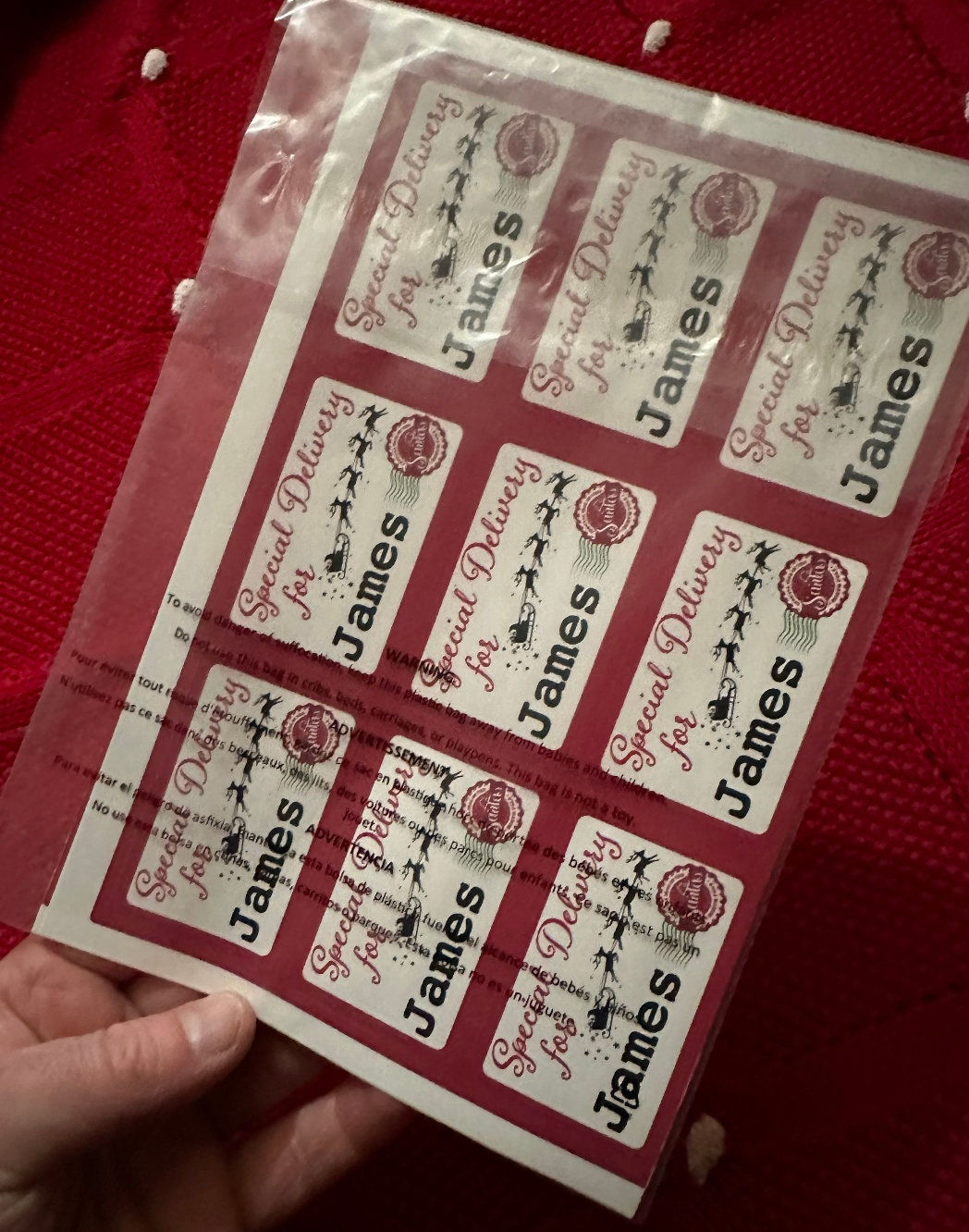 Sheet of Special Delivery for James gift tags