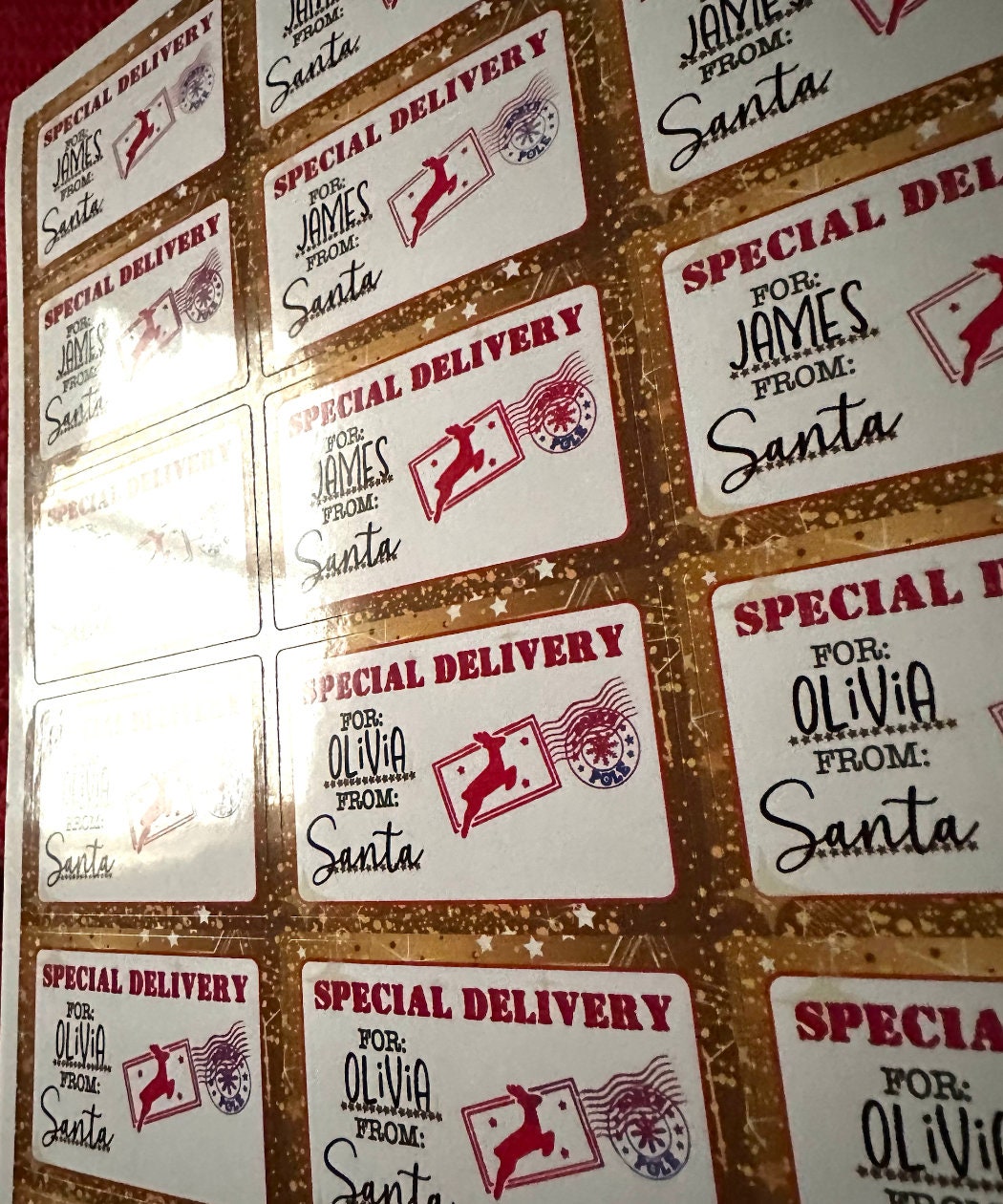 Sheet of gold Special Delivery tags, for James and Olivia from Santa