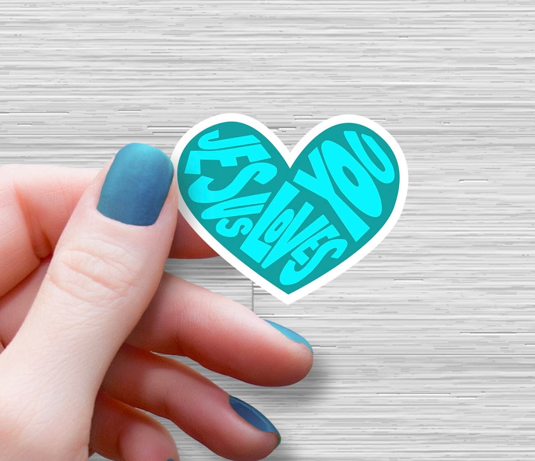 Jesus Loves You heart sticker, turquoise