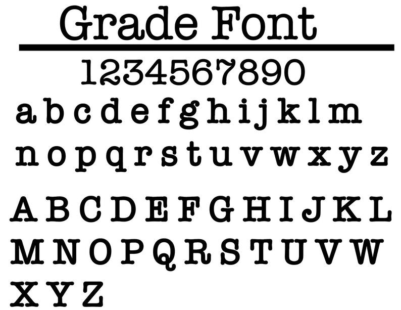 Grade font chart showing numbers and alphabet
