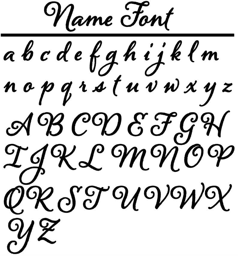 Name font chart showing cursive alphabet