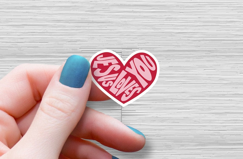 Jesus Loves You heart sticker, pink