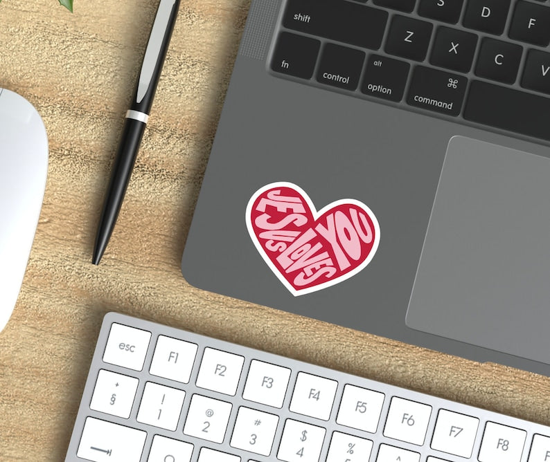 Jesus Loves You heart sticker, pink lettering