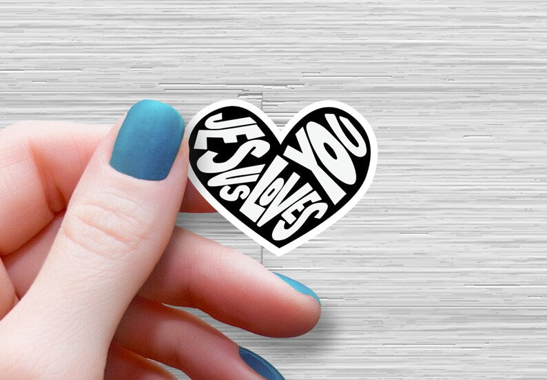Jesus Loves You heart sticker, black and white
