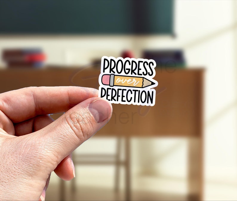 Progress Over Perfection color sticker with pencil illustration for water bottles and laptops