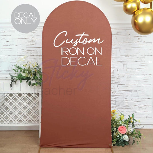 Custom iron on decal on fabric balloon arch backdrop