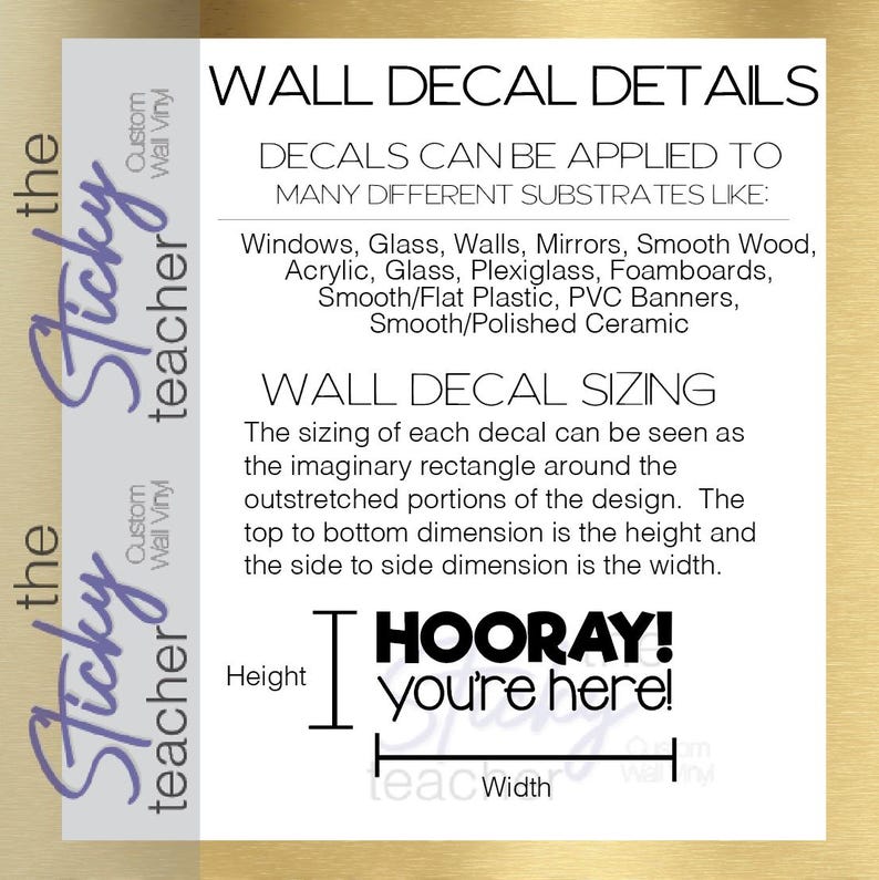 Wall decal application surfaces and sizing info