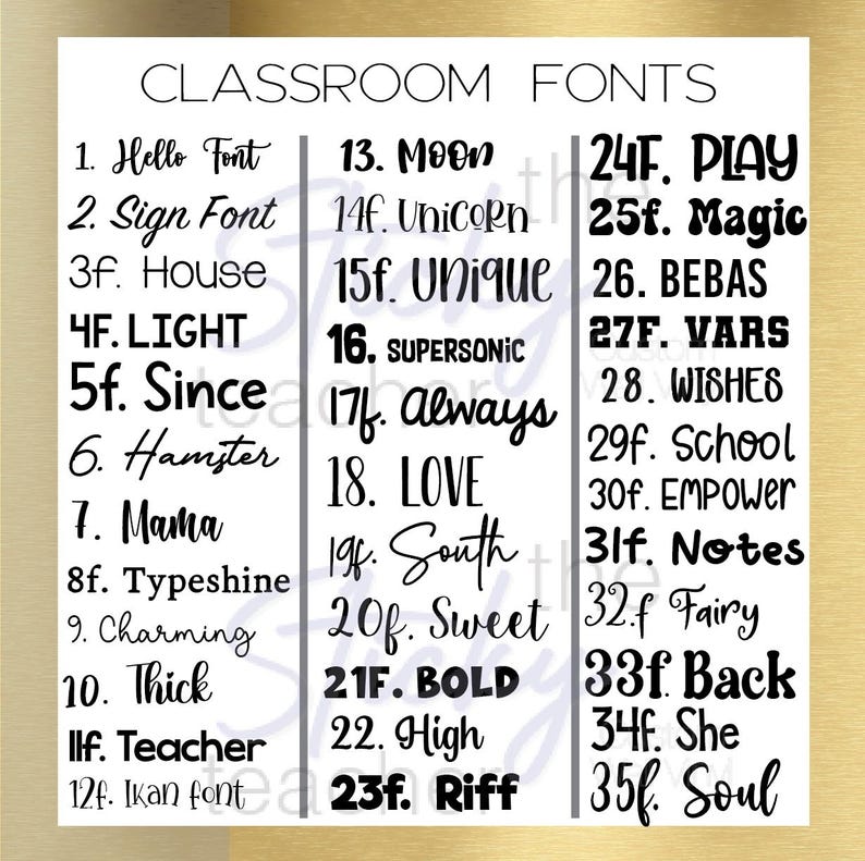 Classroom fonts list for custom decal text