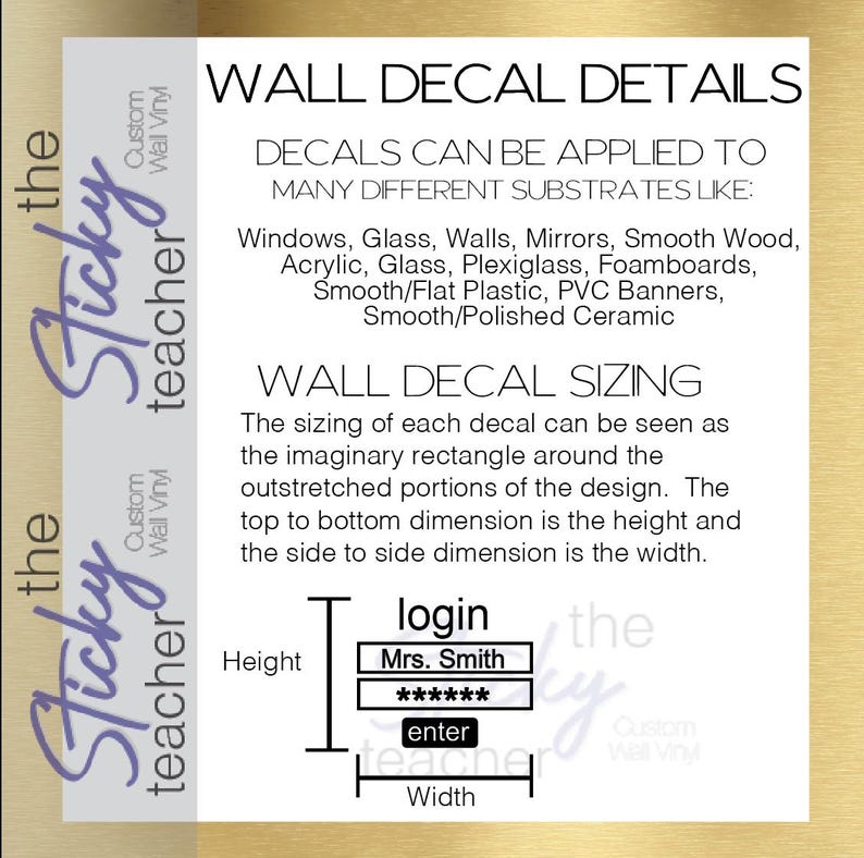 Wall decal application surfaces and sizing diagram