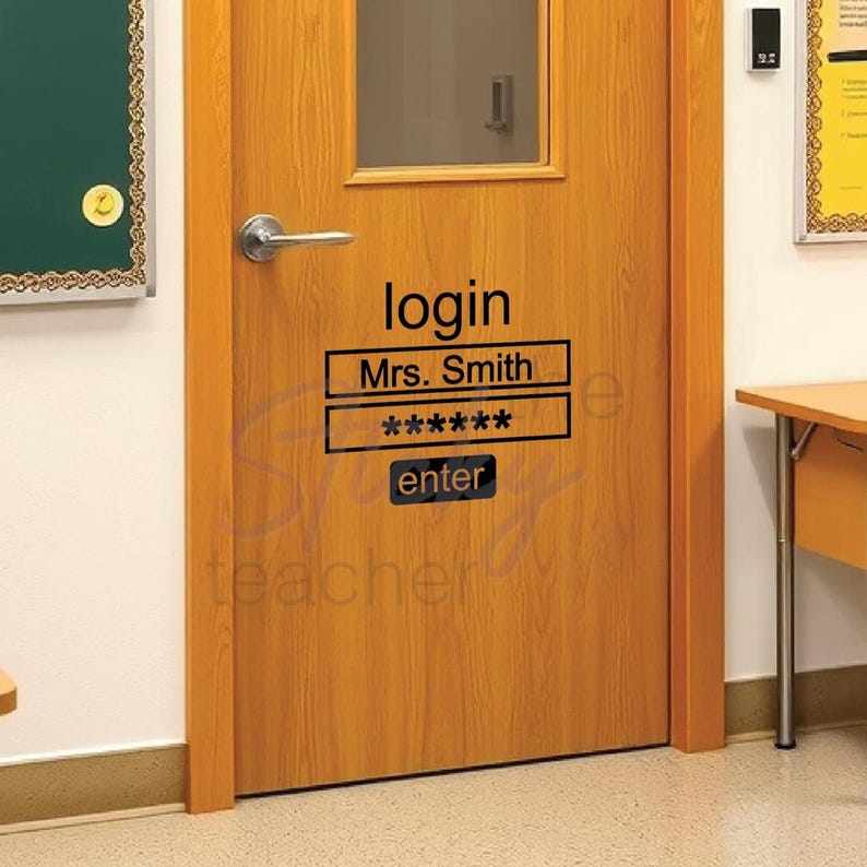 Login decal close-up on wood door