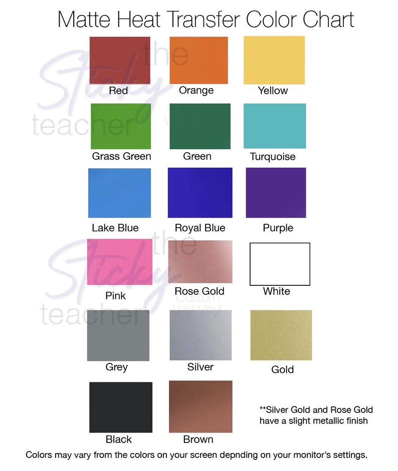 Matte heat transfer vinyl color chart