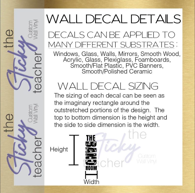 The Band Room decal sizing detail and dimensions view