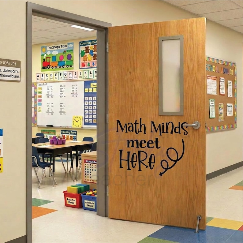 Math Minds Meet Here decal on classroom door