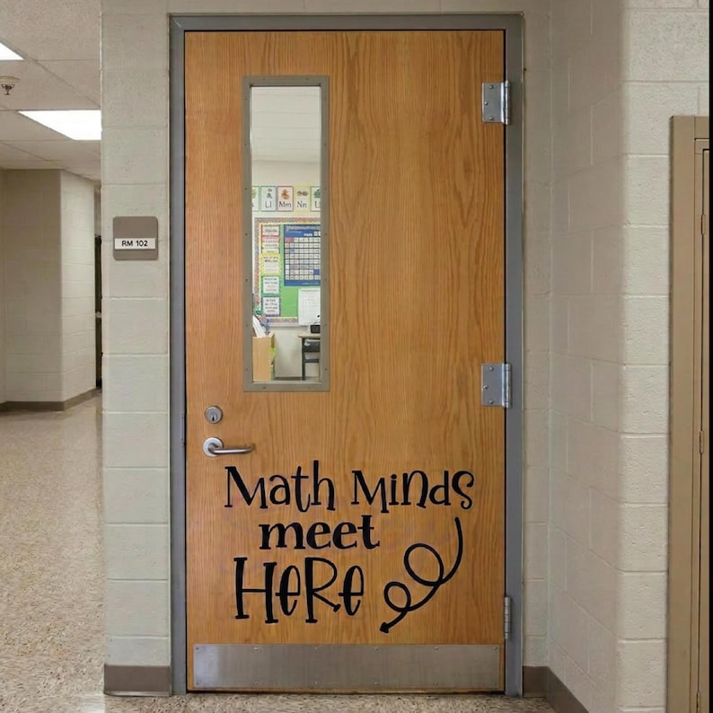Math Minds Meet Here classroom door vinyl decal main view