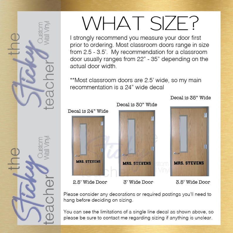 Size guide showing 24 inch 30 inch and 36 inch door decal examples