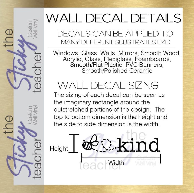 Bee Kind wall decal details and sizing information sheet