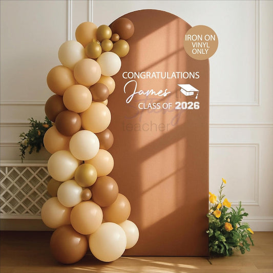 Graduation iron on decal on balloon arch backdrop