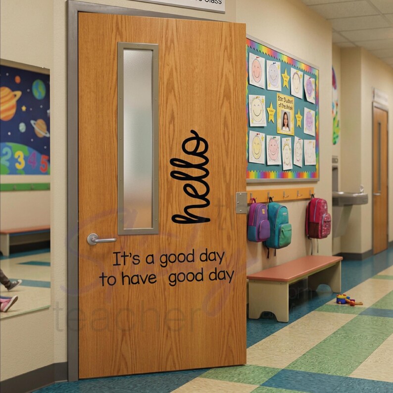 Hello It's a Good Day to Have a Good Day decal on frosted glass classroom door with backpacks visible