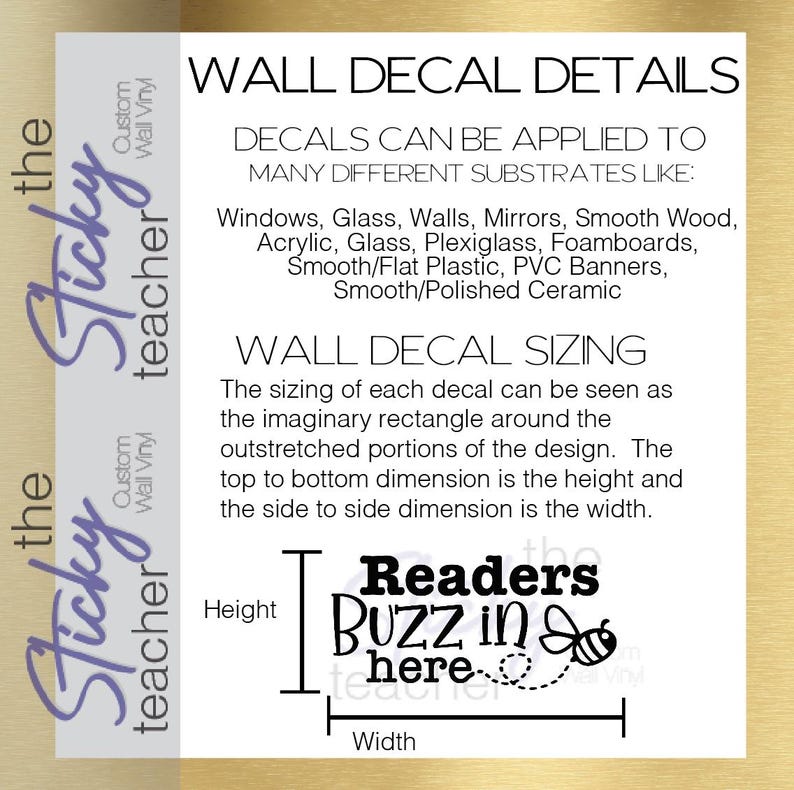 Readers Buzz in Here wall decal details and sizing information sheet