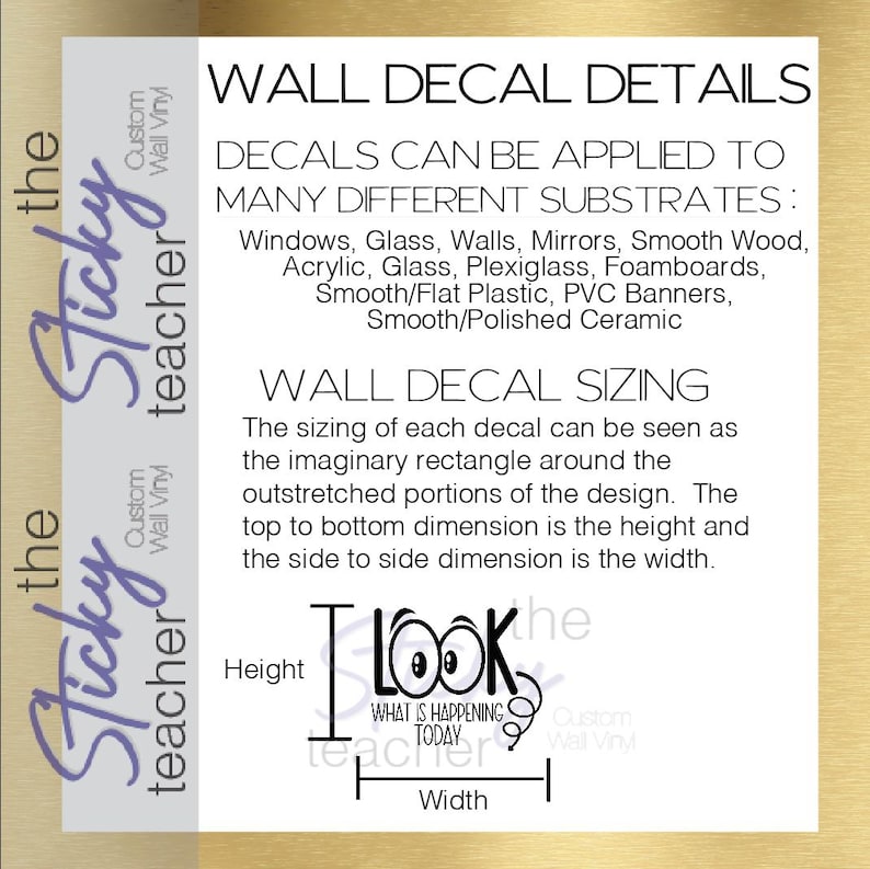 Wall decal application surfaces and sizing diagram