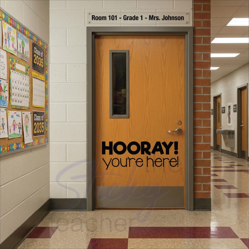 HOORAY you're here decal with room sign