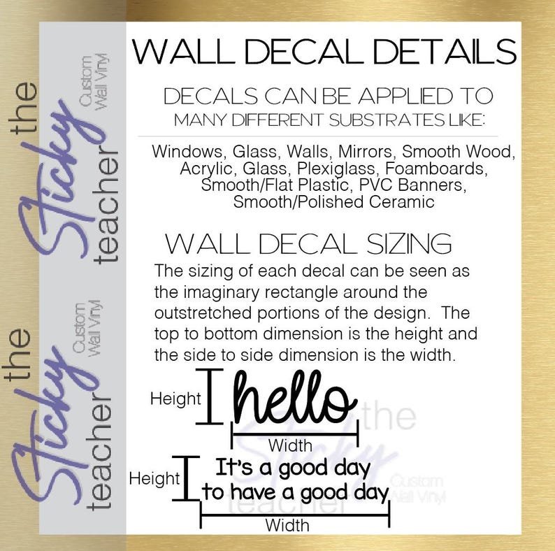 Wall decal details and sizing information sheet