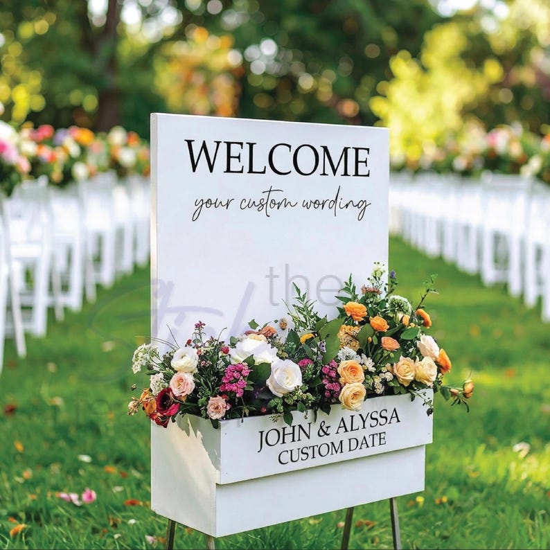 Wedding welcome sign with flower box decal