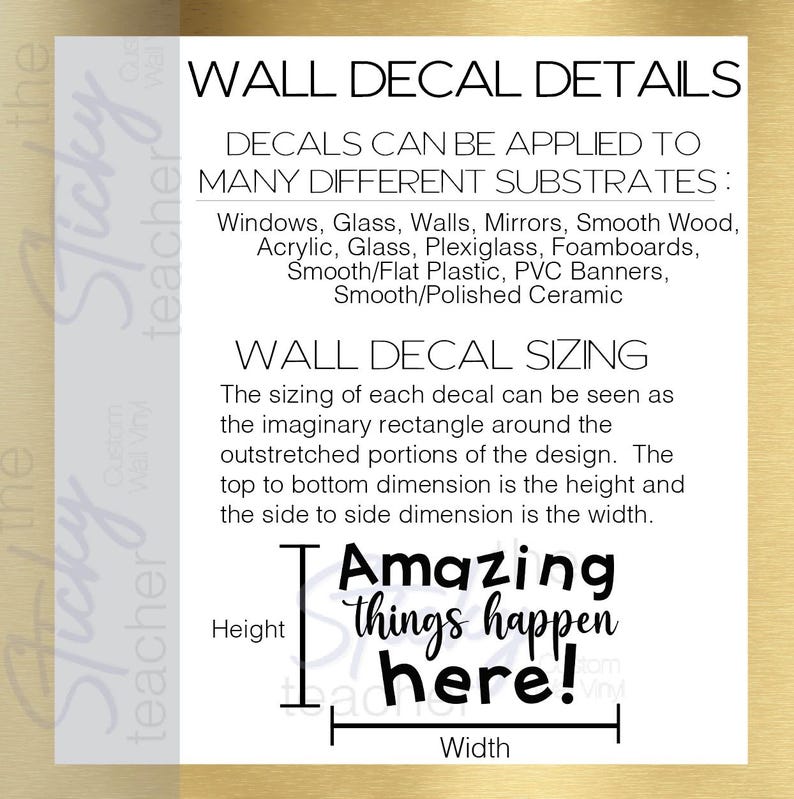 Amazing Things Happen Here decal application and sizing details sheet