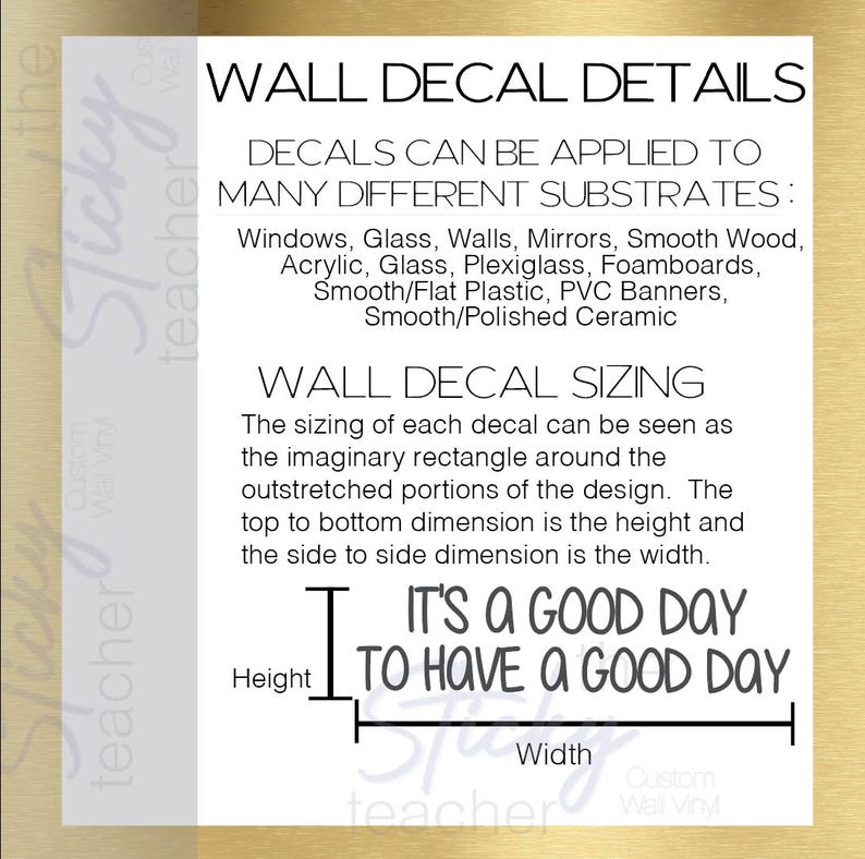 Wall decal details and sizing information sheet on gold background