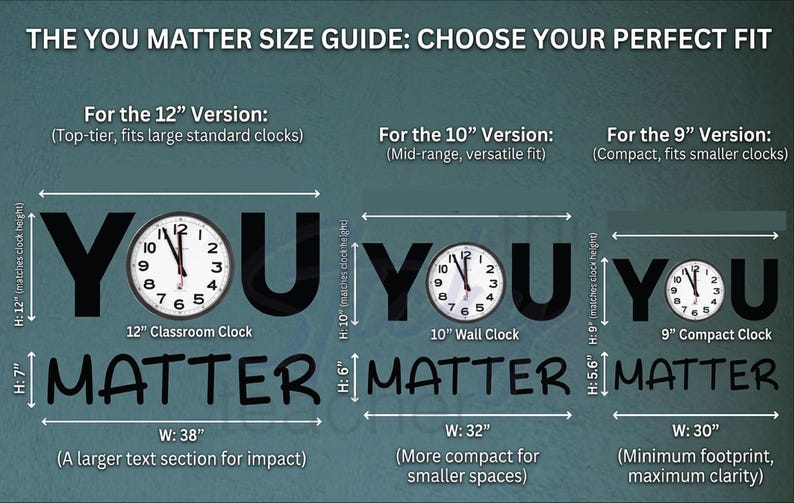 Size guide showing 12 inch 10 inch and 9 inch YOU MATTER clock decal versions with dimensions