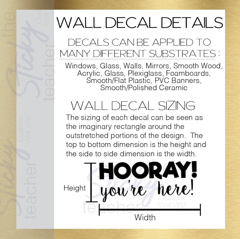 Wall decal application surfaces and sizing info