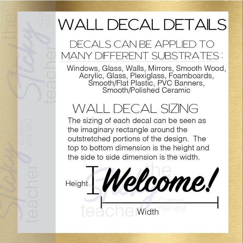 Wall decal details information sheet for Welcome! decal