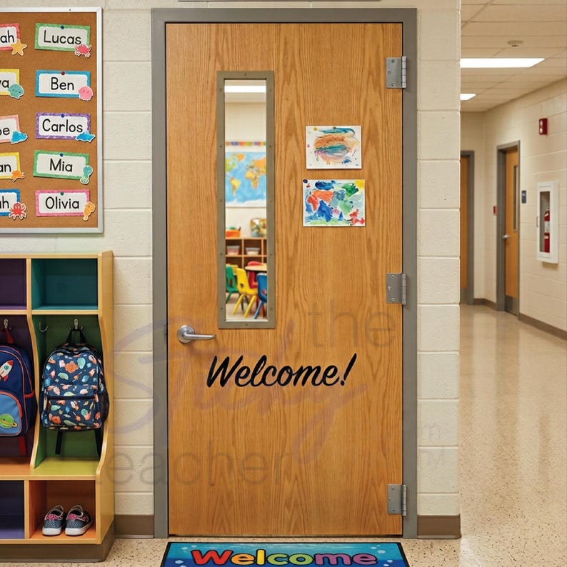 Welcome! decal on light oak classroom door with blue welcome mat at base