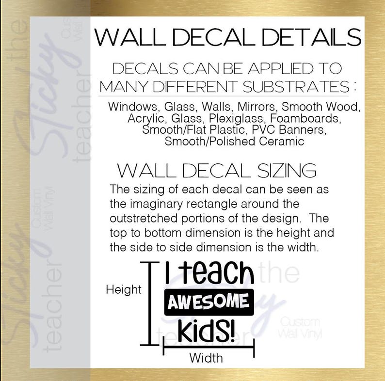 Wall decal details information sheet showing application surfaces and sizing for I Teach Awesome Kids decal
