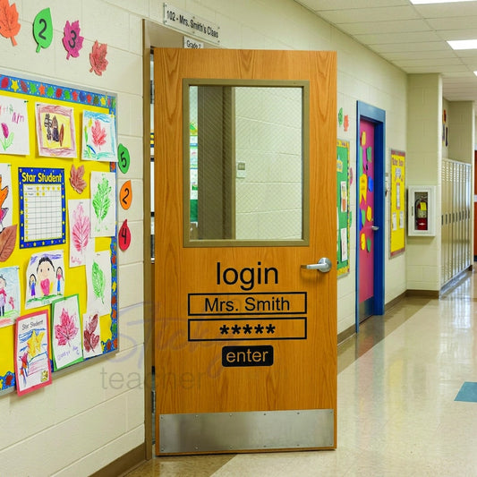 Computer login screen vinyl decal on classroom door