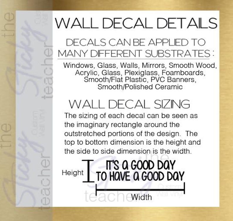 Wall decal details information sheet showing surface compatibility and sizing