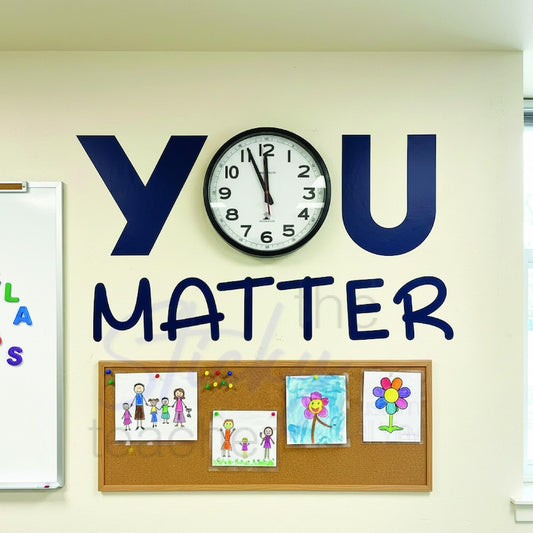 YOU MATTER clock vinyl decal on dark blue wall with cork bulletin board below showing colorful student artwork