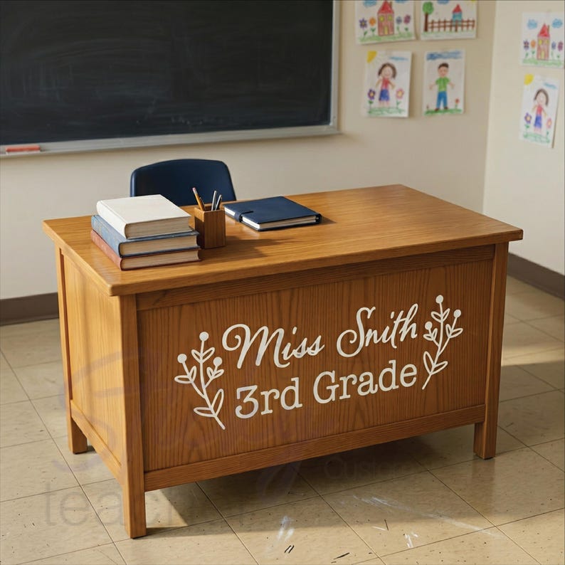 Teacher name desk decal on light brown wooden desk with books