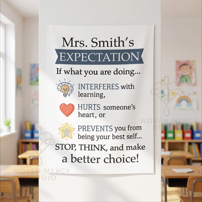 Classroom Expectations Wall Tapestry, personalized with teacher name, lightbulb heart star icons