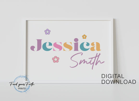 Custom First and Last Girl Name Nursery Digital Download Sign Girl Bedroom Printable Wall Art Retro Classroom Wall Art