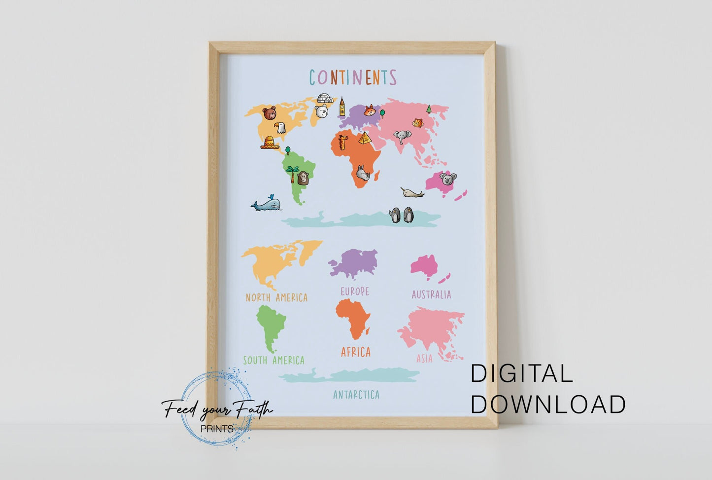 World map print for kids, continents map print, homeschool kids decor,Children art print, classroom art, World map illustration, Educational
