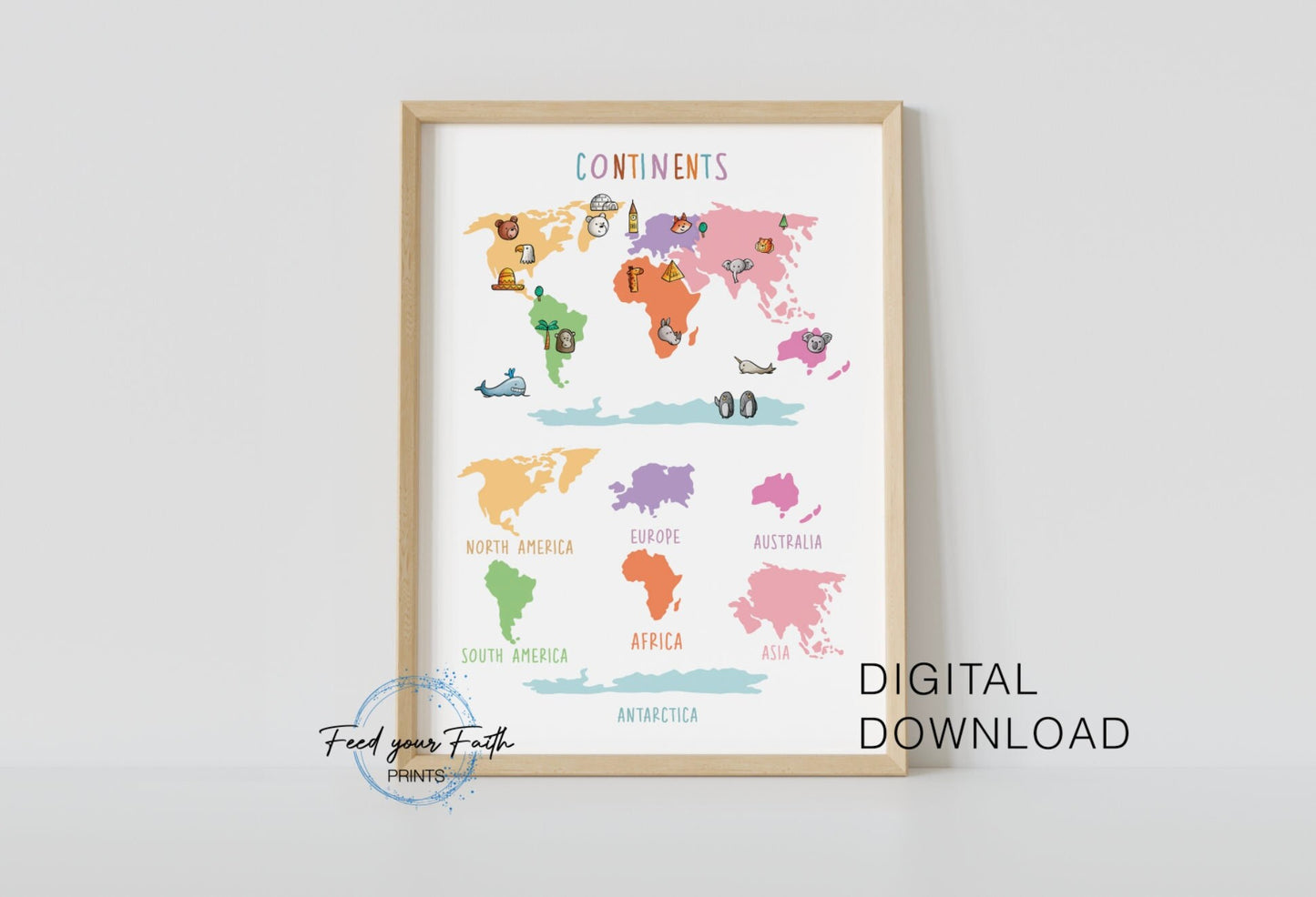 World map white background print for kids, continents map print, homeschool kids decor,Children print, classroom art, World map illustration