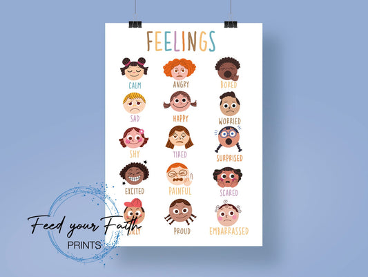 PRINTED and SHIPPED Feelings Chart Rainbow White Background, Montessori Homeschool Decor, Emotions Print, Wall Art Rainbow Classroom Decor