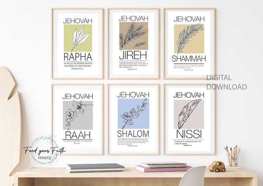 Set of 6 Christian printable wall art Jehovah Jireh Rapha Shalom Shammah Nissi Raah wall print Modern bible wall art print minimalist