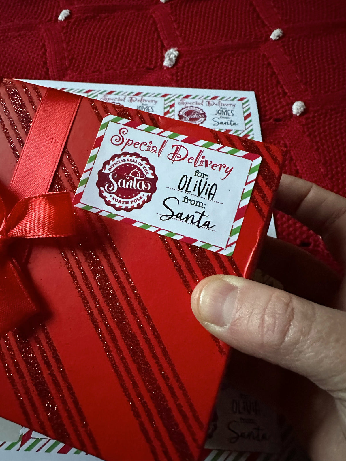 Special Delivery from Santa label on a red gift box