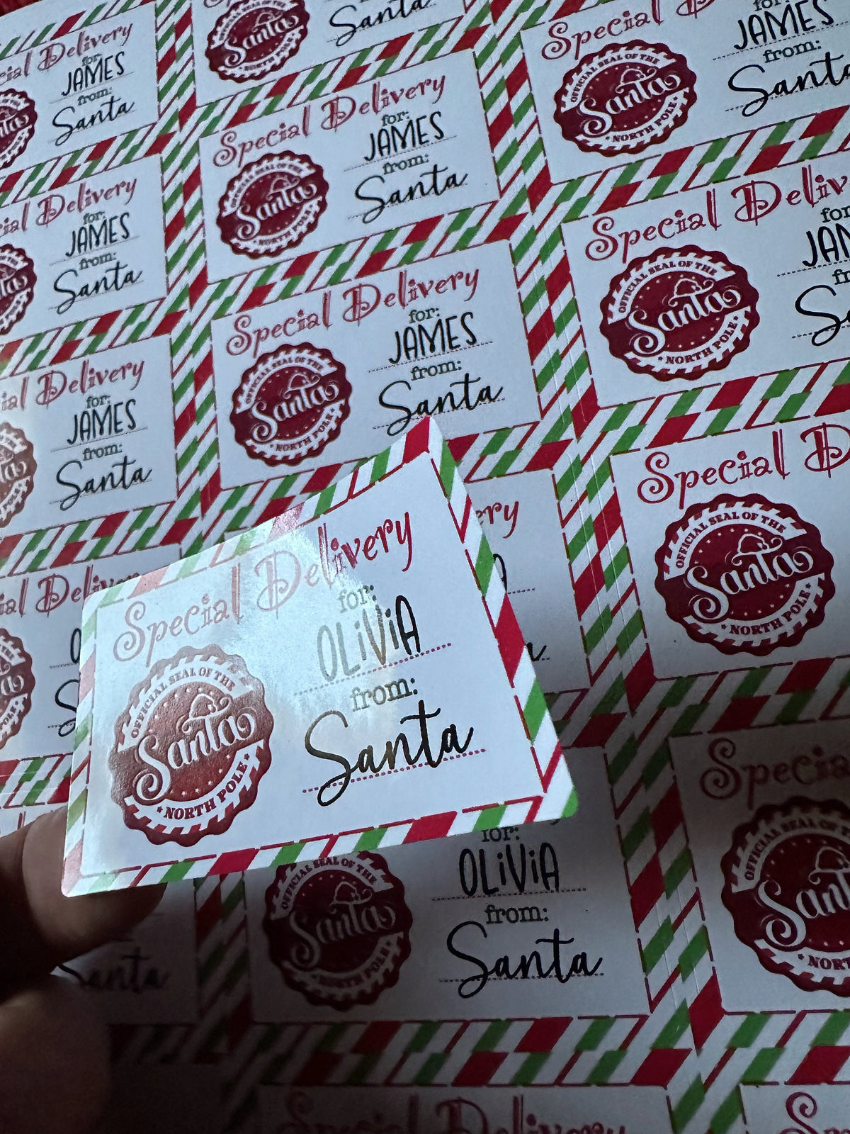 Personalized from Santa Christmas gift labels close-up
