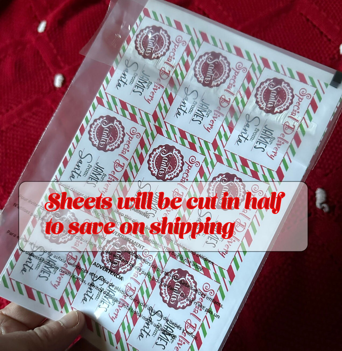 Santa gift label sheets cut in half for shipping