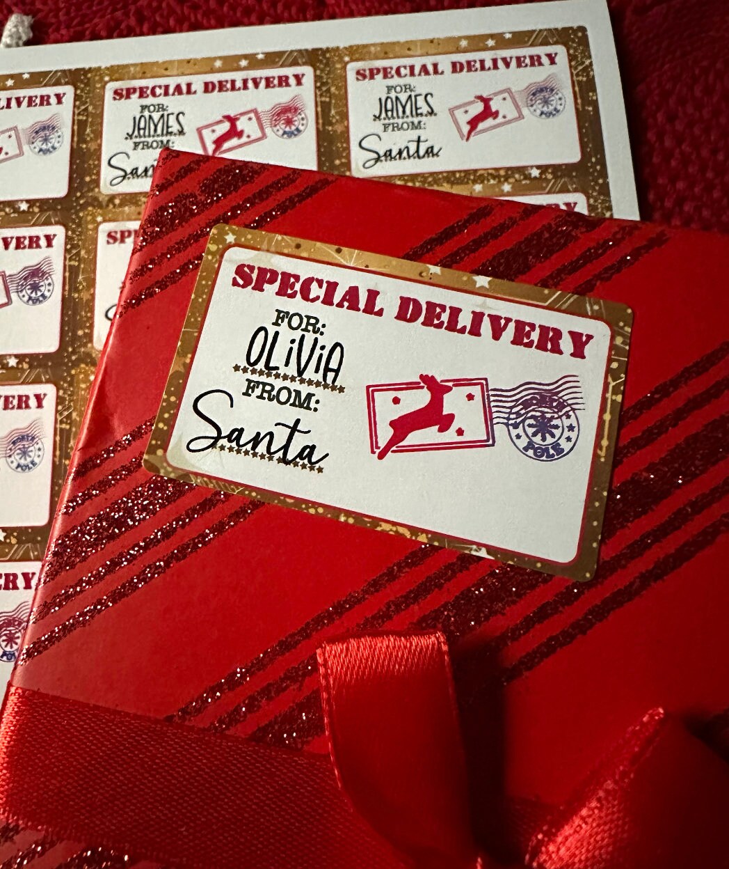Special Delivery for Olivia from Santa label on a red gift box